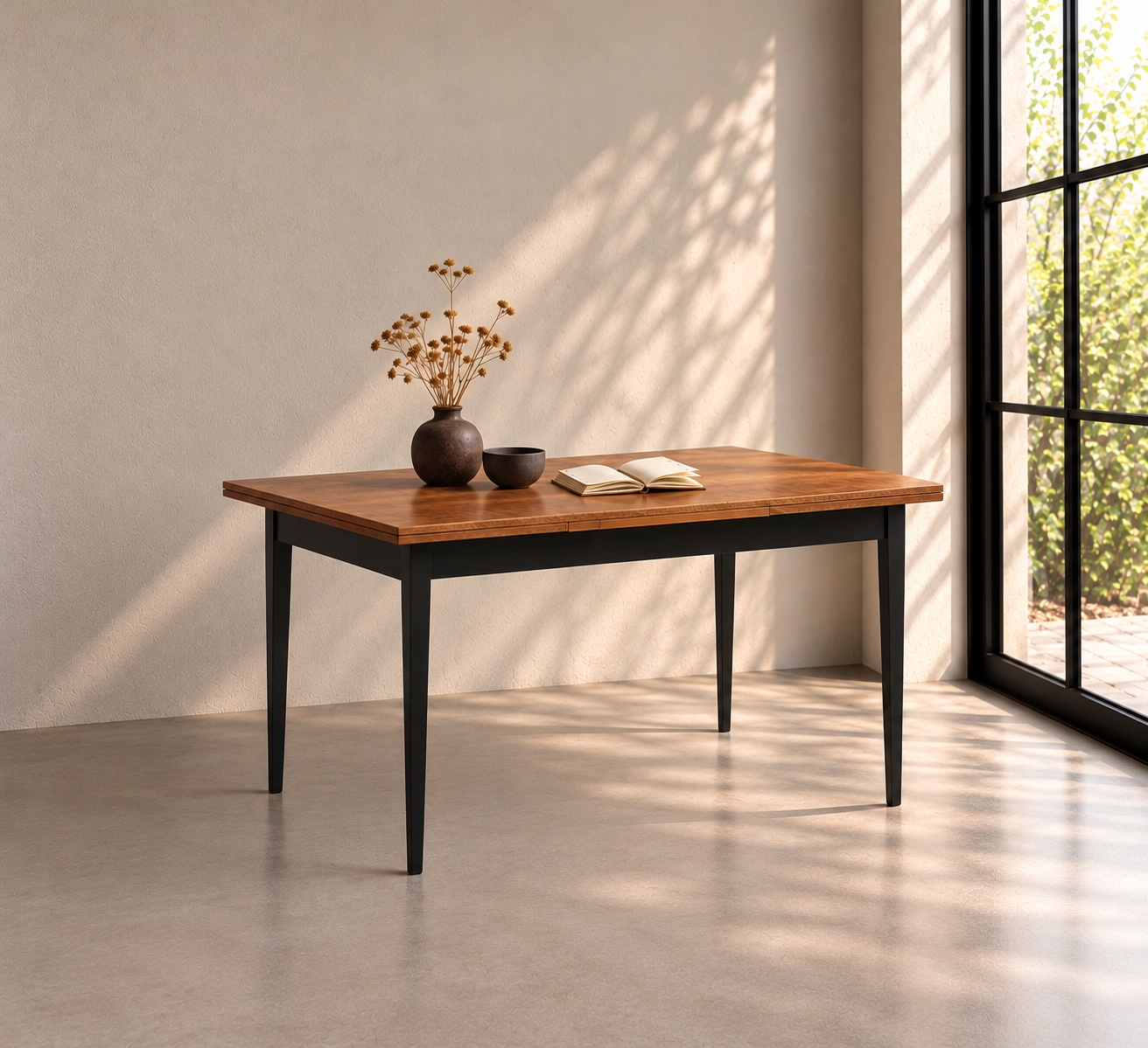 Ausziehtisch Mid Century · H 79 cm · B 110/180 cm · T 70 cm — digitale Darstellung